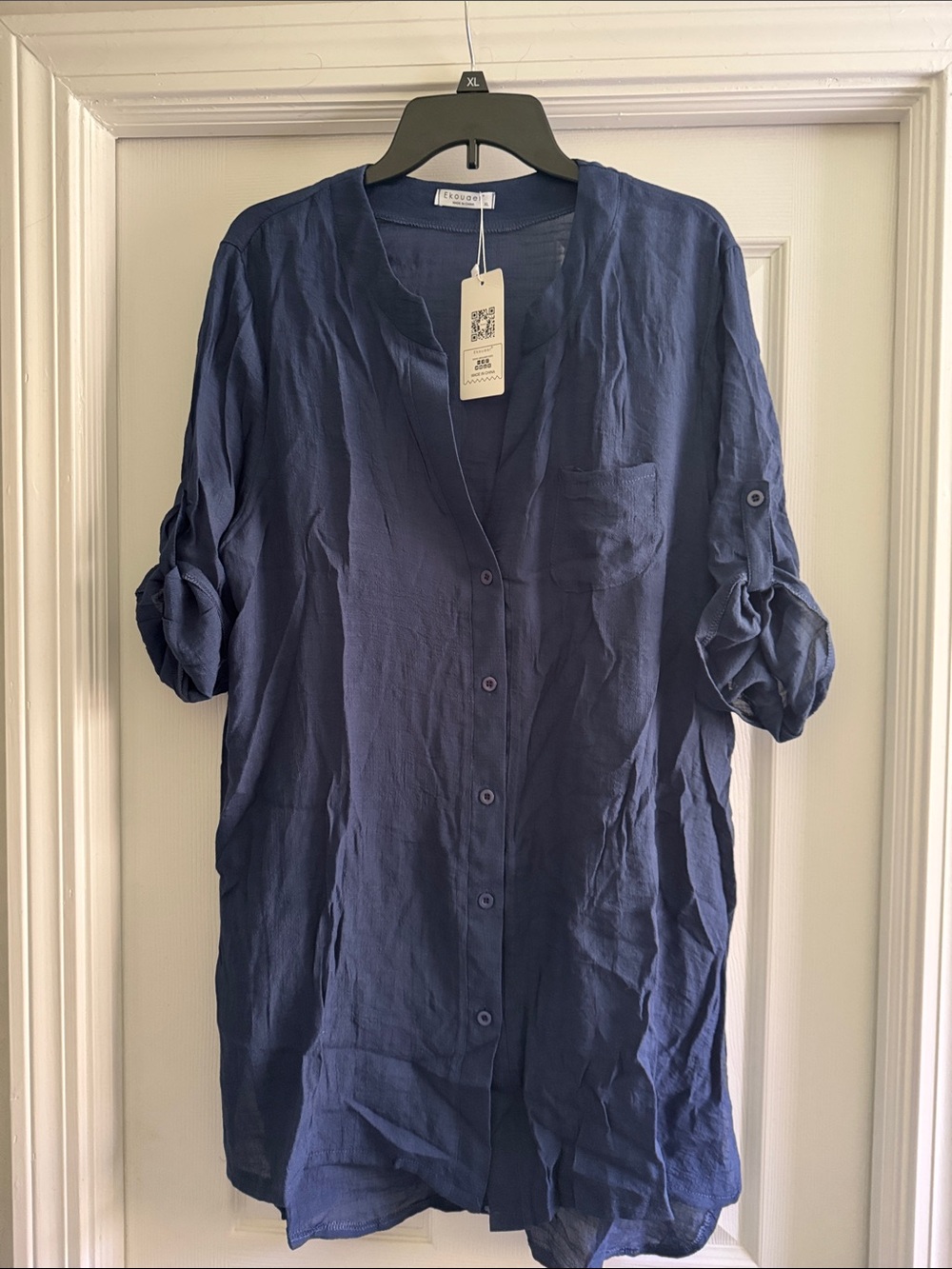 Long Navy Button-Front Women's Swim Coverup